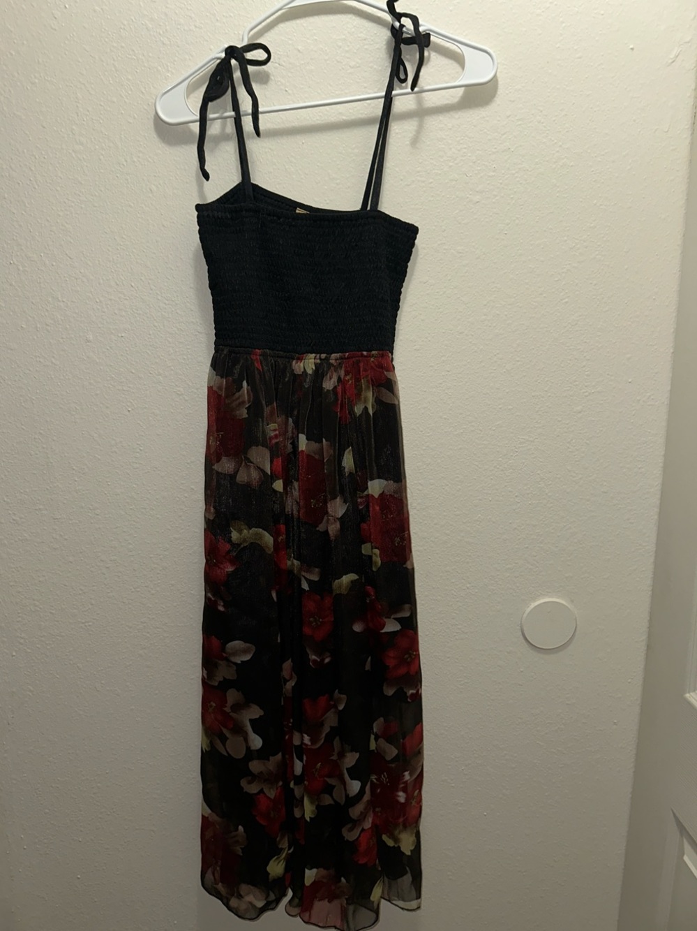 Smocked Black Maxi Dress with Red Floral Skirt and Tie Shoulders